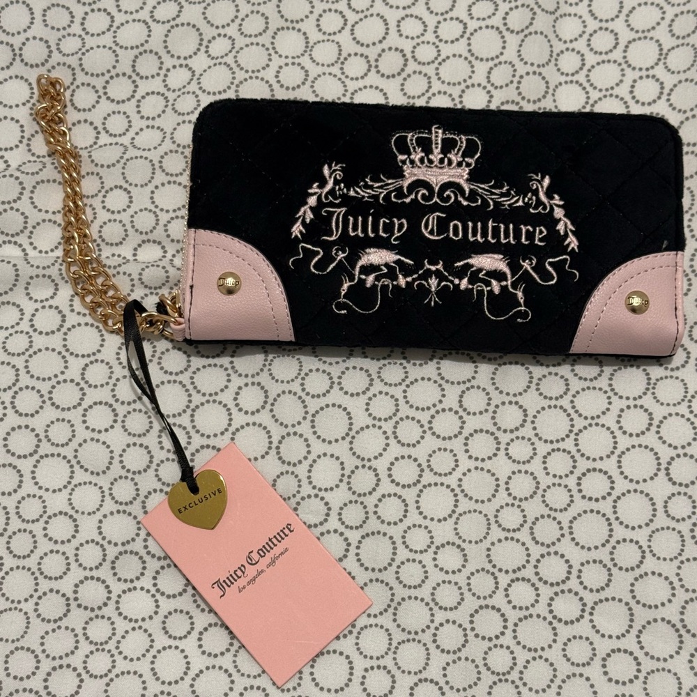 NWT Juicy Couture Black & Pink Tale Large Za Quilted Wallet with Gold Chain Y2K